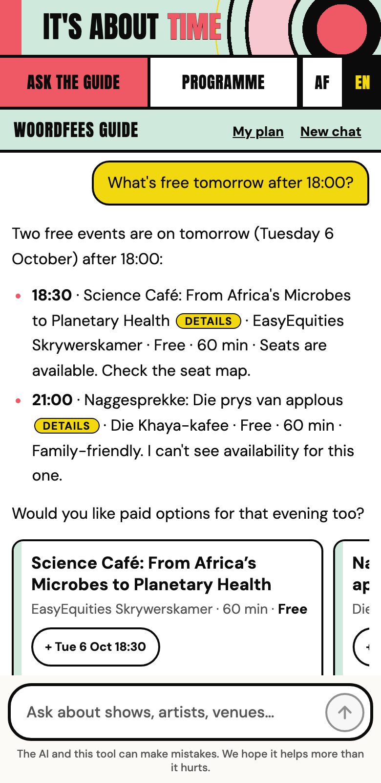 The chat answering: what's free tomorrow after 18:00, with event cards underneath