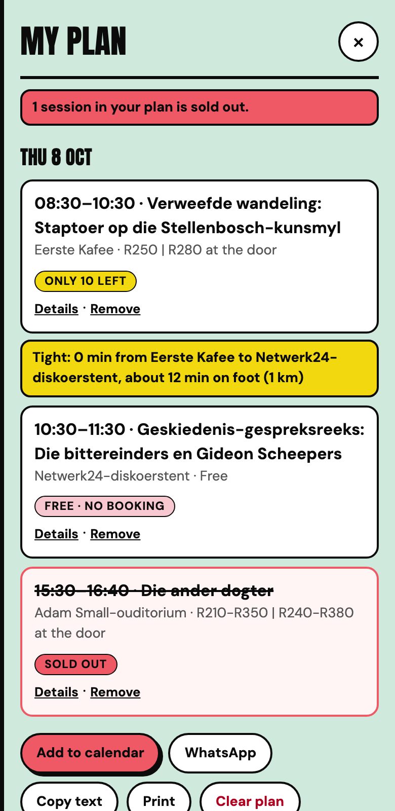 My plan with a sold-out warning and a tight changeover warning showing a 12 minute walk